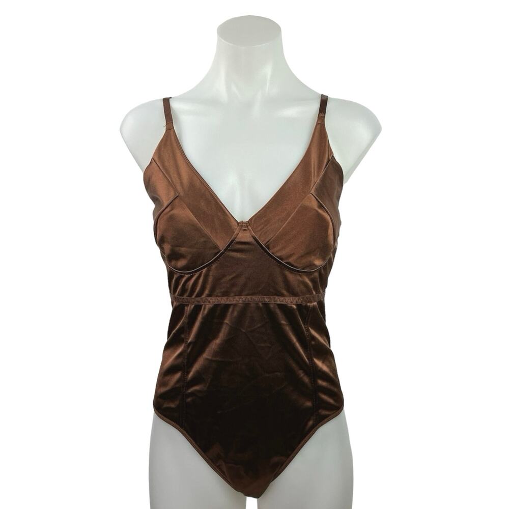 Women's Brown Silk Satin V Neck Satin Camisole Bustier Corset Bodysuit Top Sz M